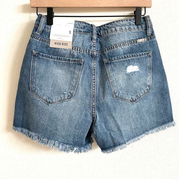 Kancan Medium Wash Denim High Rise Distressed Cut Off Shorts Women's Small NWT - Picture 6 of 8